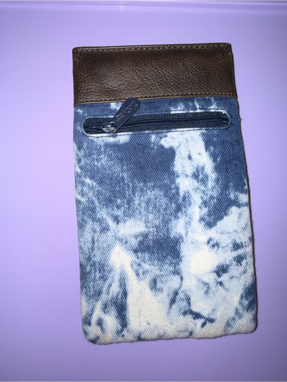 Thirty-One Denim Tie-Dye Sunglasses Pouch with Brown Leather